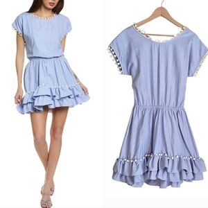 Anthropologie Peixoto Nissi Pom Pom Mini Dress Cover-Up Blue Backless Sz XS